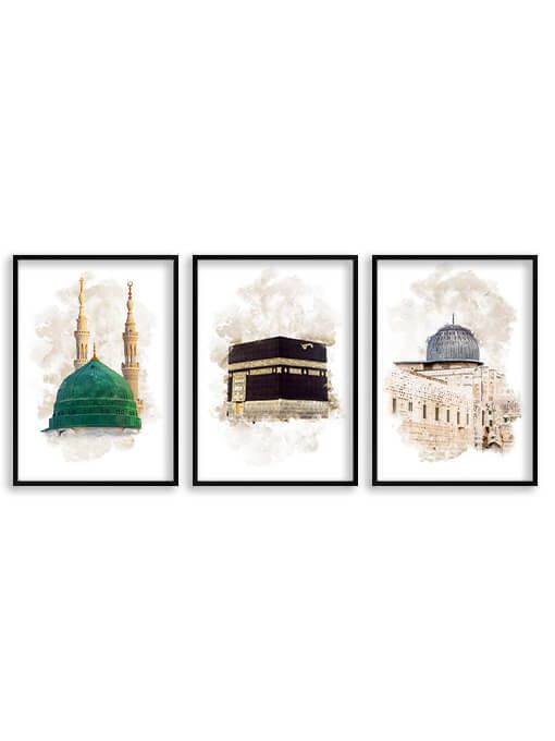 Aqsa, Kaaba, Nabawi Watercolor Poster Set