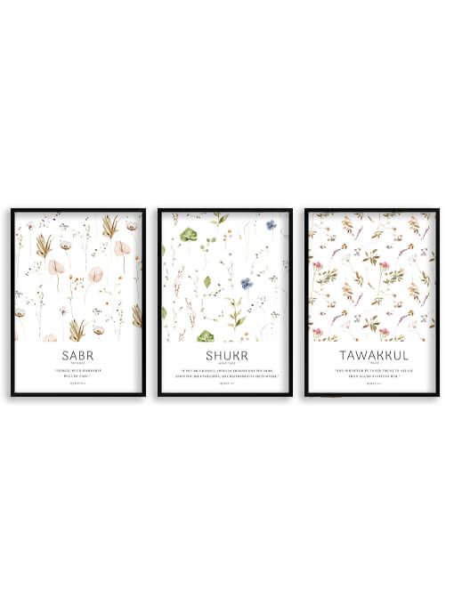 Sabr [صبر], Shukr [شكر], Tawakkul [توكل], Quran Verse Poster Set