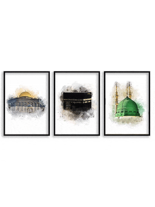 Aqsa, Kaaba, Nabawi Watercolor Poster Set