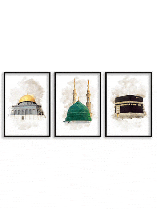 Aqsa, Kaaba, Nabawi Watercolor Poster Set
